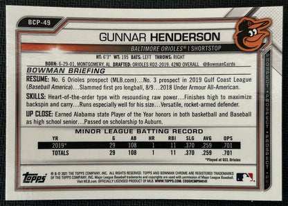 2021 Bowman Chrome Prospects Gunnar Henderson Baltimore Orioles #BCP-49