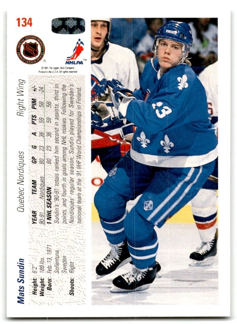 1991-92 Upper Deck Mats Sundin Quebec Nordiques #134A