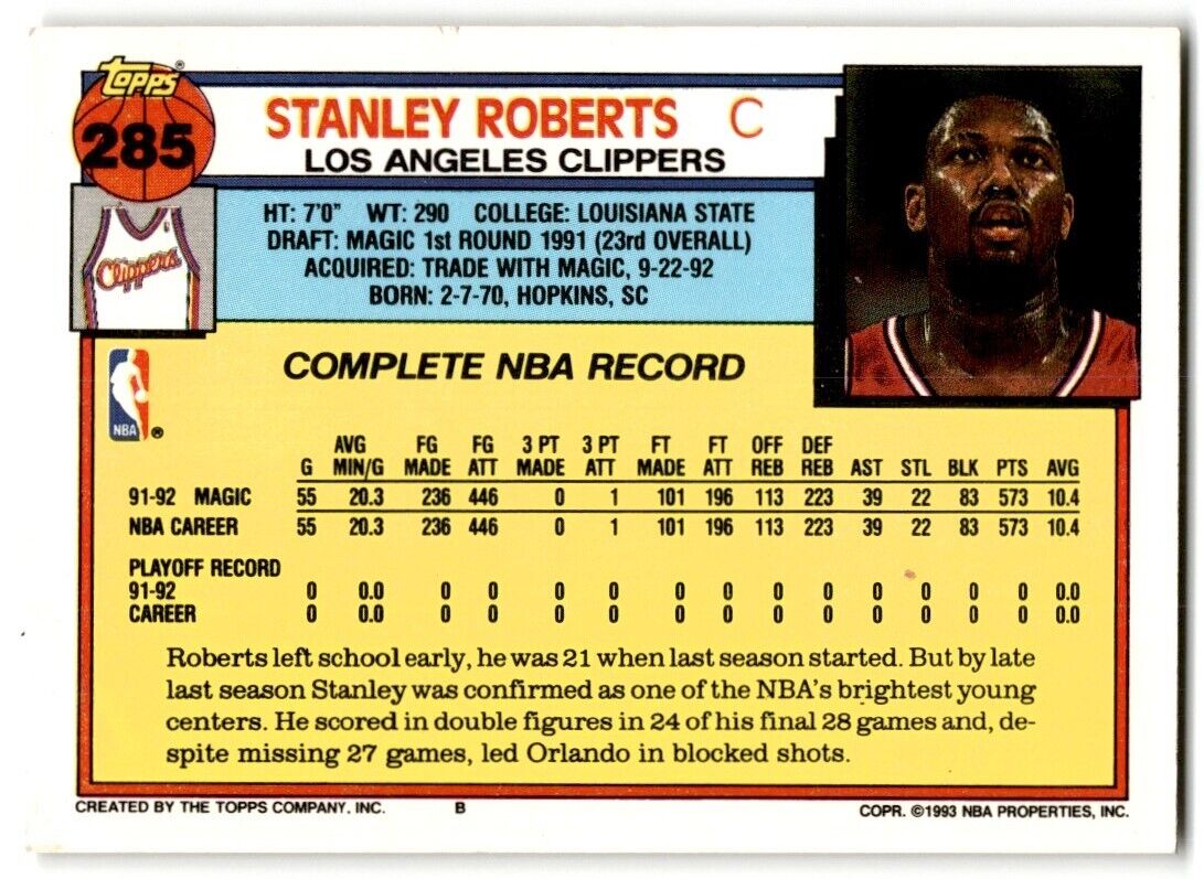 1992-93 Topps Stanley Roberts Los Angeles Clippers #285