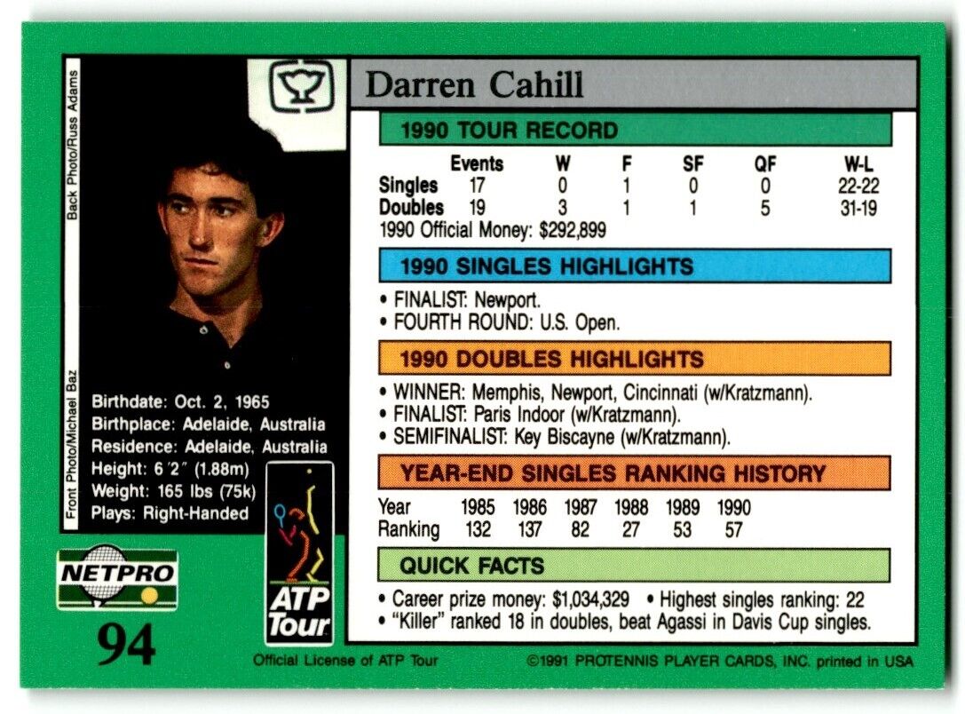 1991 Protennis player Cards Netpro Tour Star Darren Cahill #94