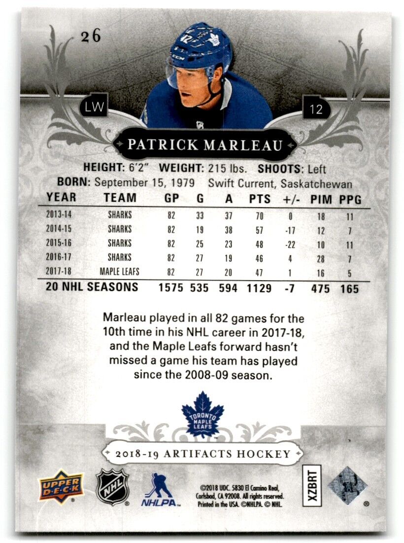 2018-19 Upper Deck Artifacts Patrick Marleau Toronto Maple Leafs #26