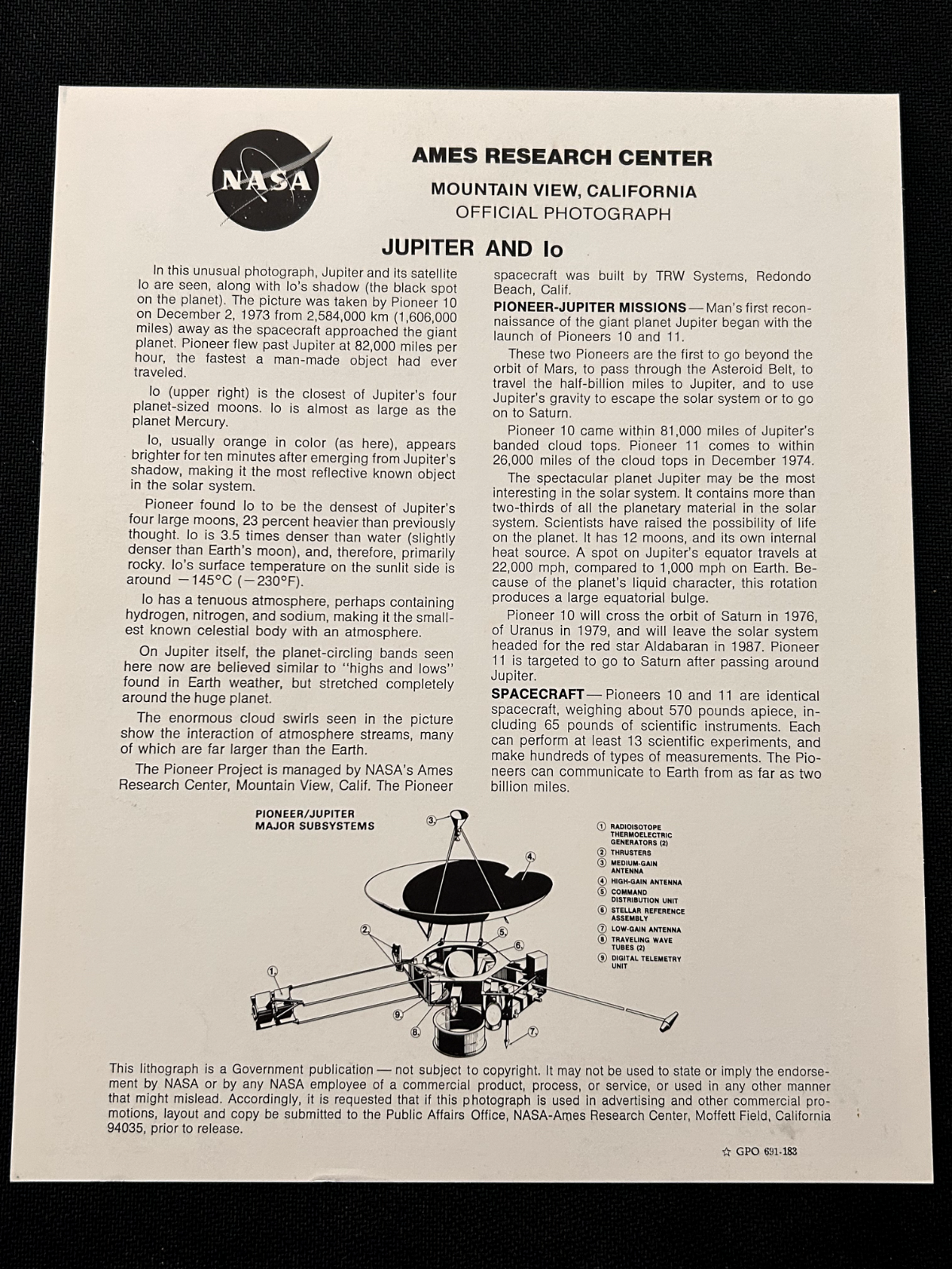 NASA VIEW OF JUPITER AND ITS SATELLITE lo BY PIONEER 10 8X10 litho