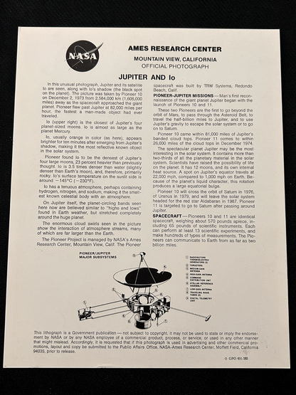 NASA VIEW OF JUPITER AND ITS SATELLITE lo BY PIONEER 10 8X10 litho