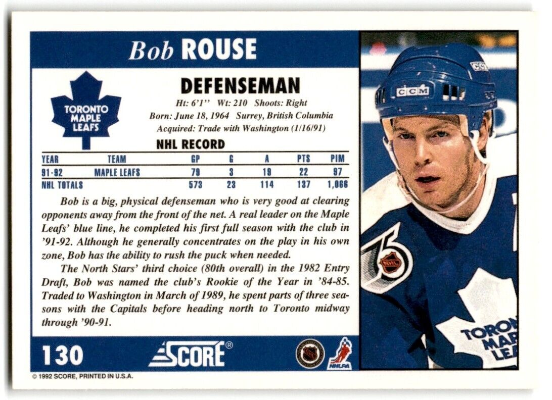 1992-93 Score Bob Rouse Toronto Maple Leafs #130