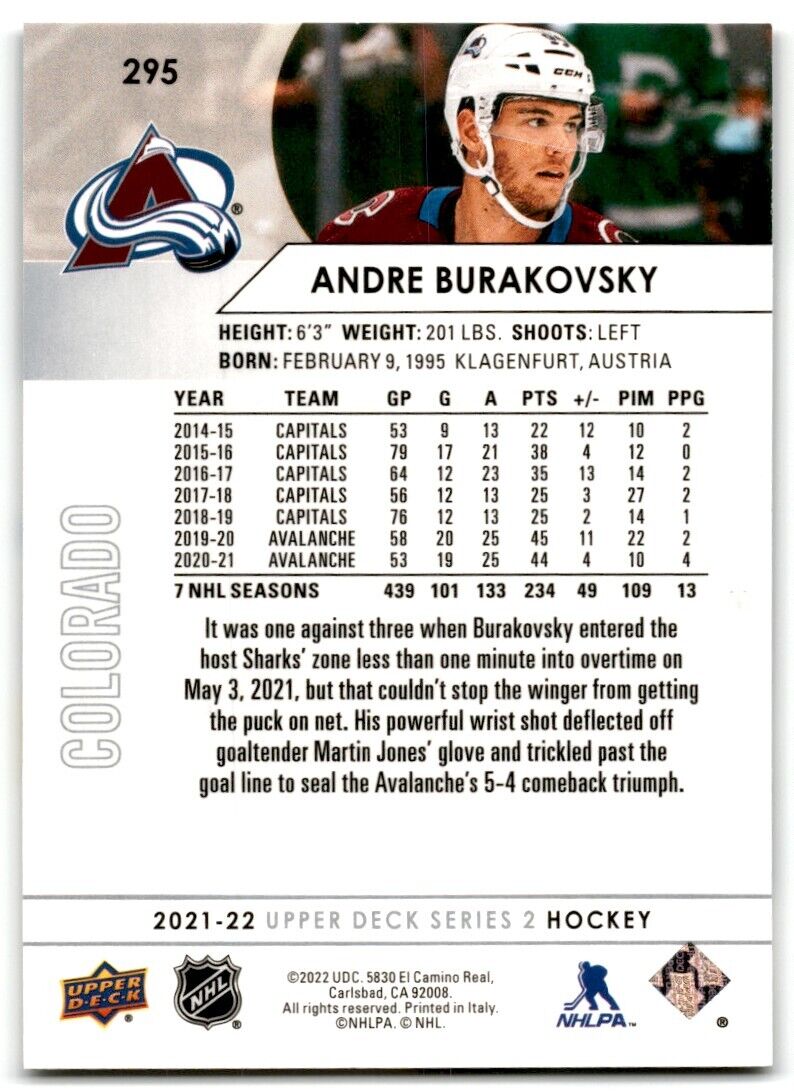 2021-22 Upper Deck Andre Burakovsky Colorado Avalanche #295