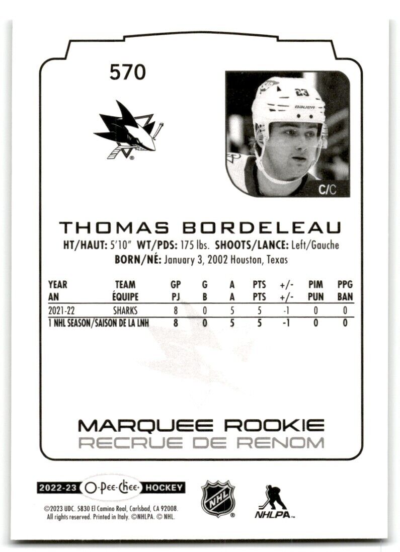 2022-23 O-Pee-Chee Markee Rookies Thomas Bordeleau Rookie San Jose Sharks #570