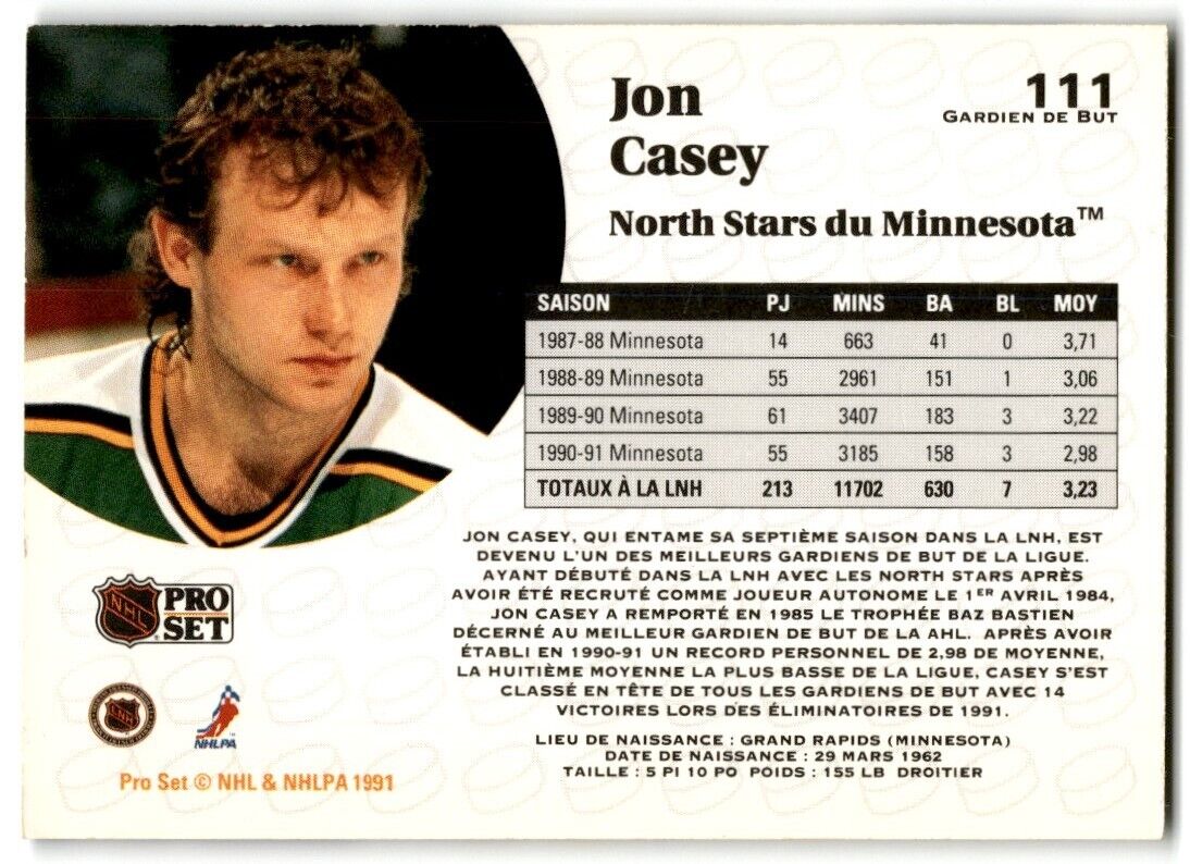 1991-92 Pro Set Jon Casey Minnesota North Stars #111