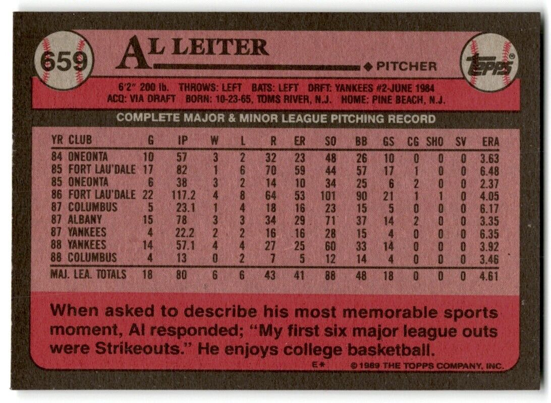 1989 Topps Al Leiter New York Yankees #659