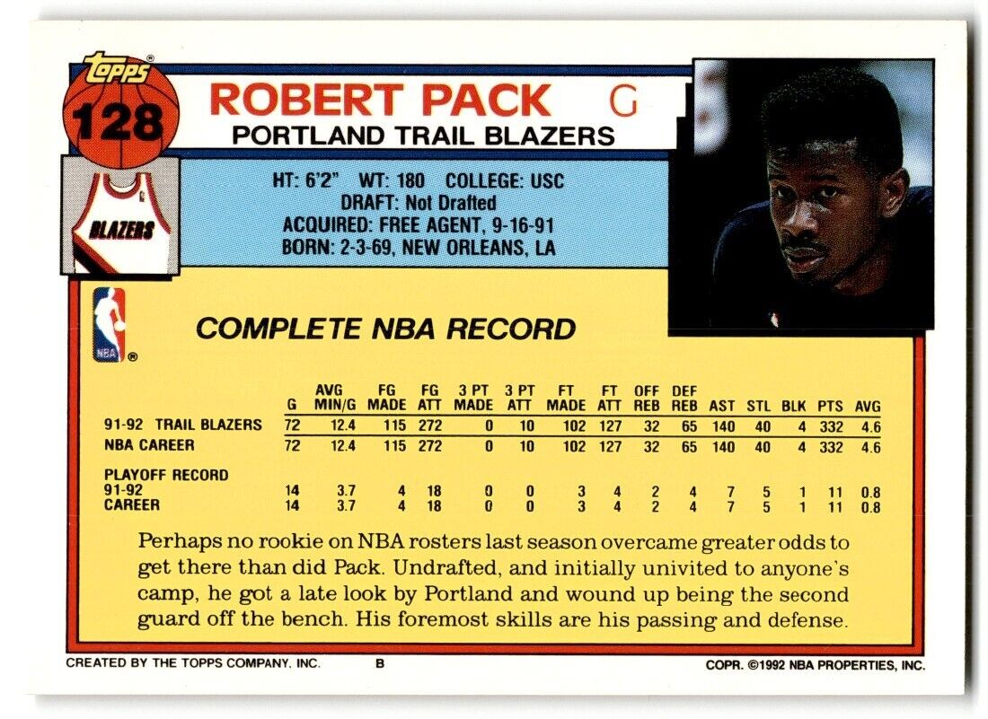 1992-93 Topps Robert Pack Portland Trail Blazers #128