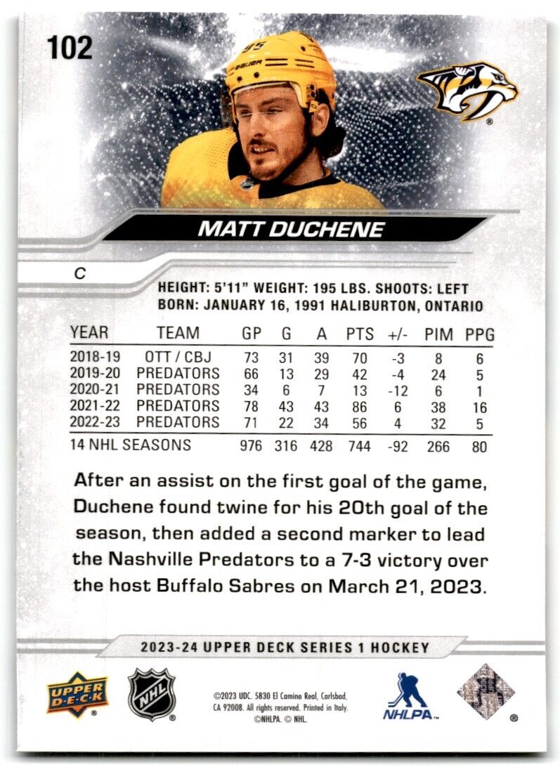 2023-24 Upper Deck Matt Duchene Nashville Predators #102