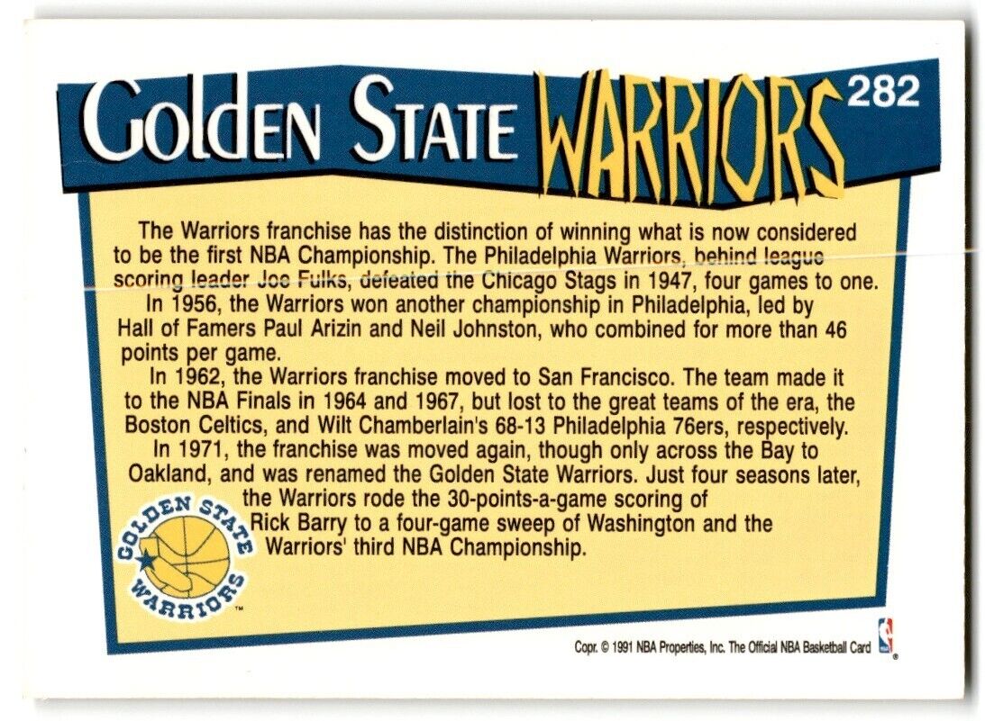 1991-92 Hoops Golden State Warriors Golden State Warriors #282