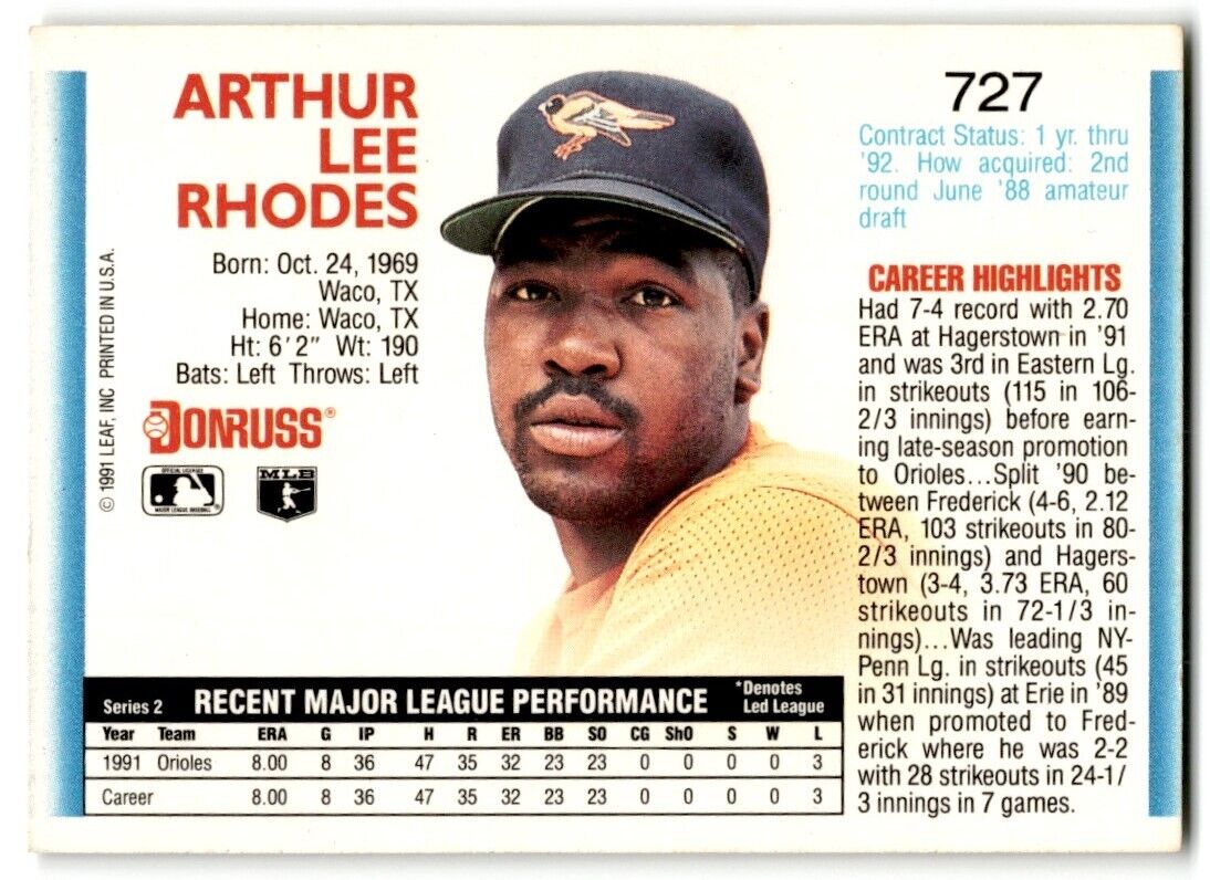 1992 Donruss Arthur Rhodes Baltimore Orioles #727