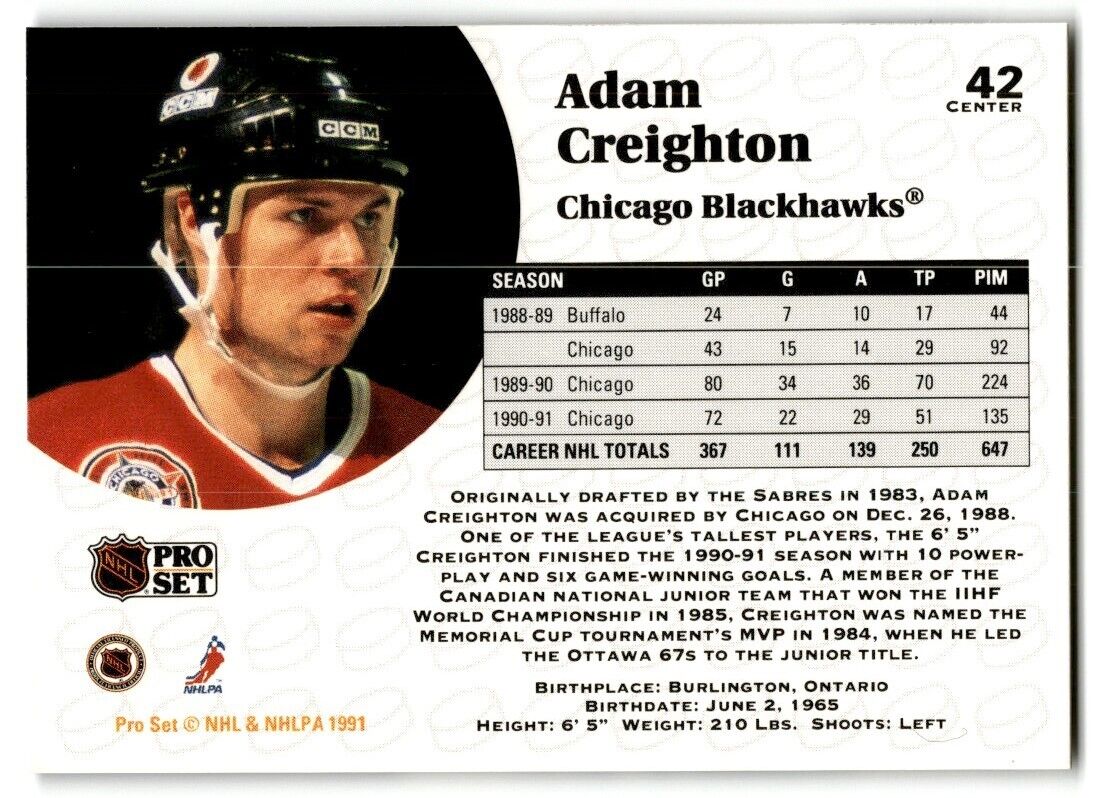 1991-92 Pro Set Adam Creighton Chicago Blackhawks #42