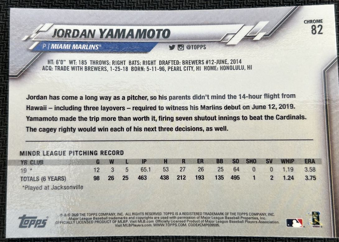 2020 Topps Chrome Jordan Yamamoto Rookie Miami Marlins #82