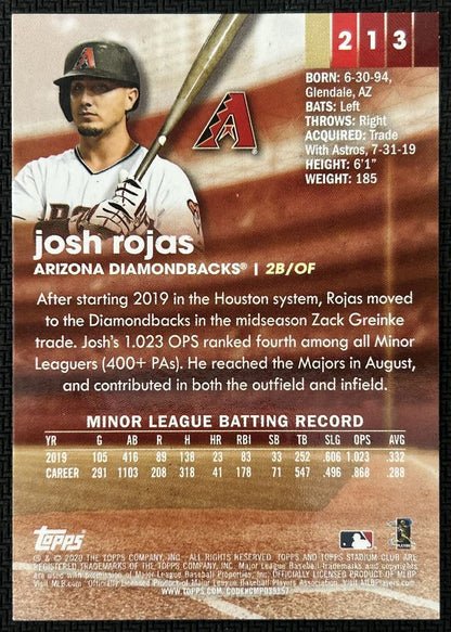 2020 Topps Stadium Club Josh Rojas Rookie Arizona Diamondbacks #213