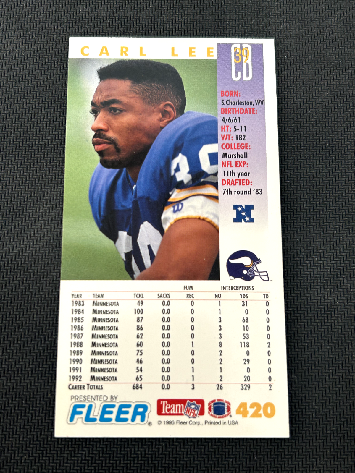 1993 GameDay Football Card #420 Carl Lee