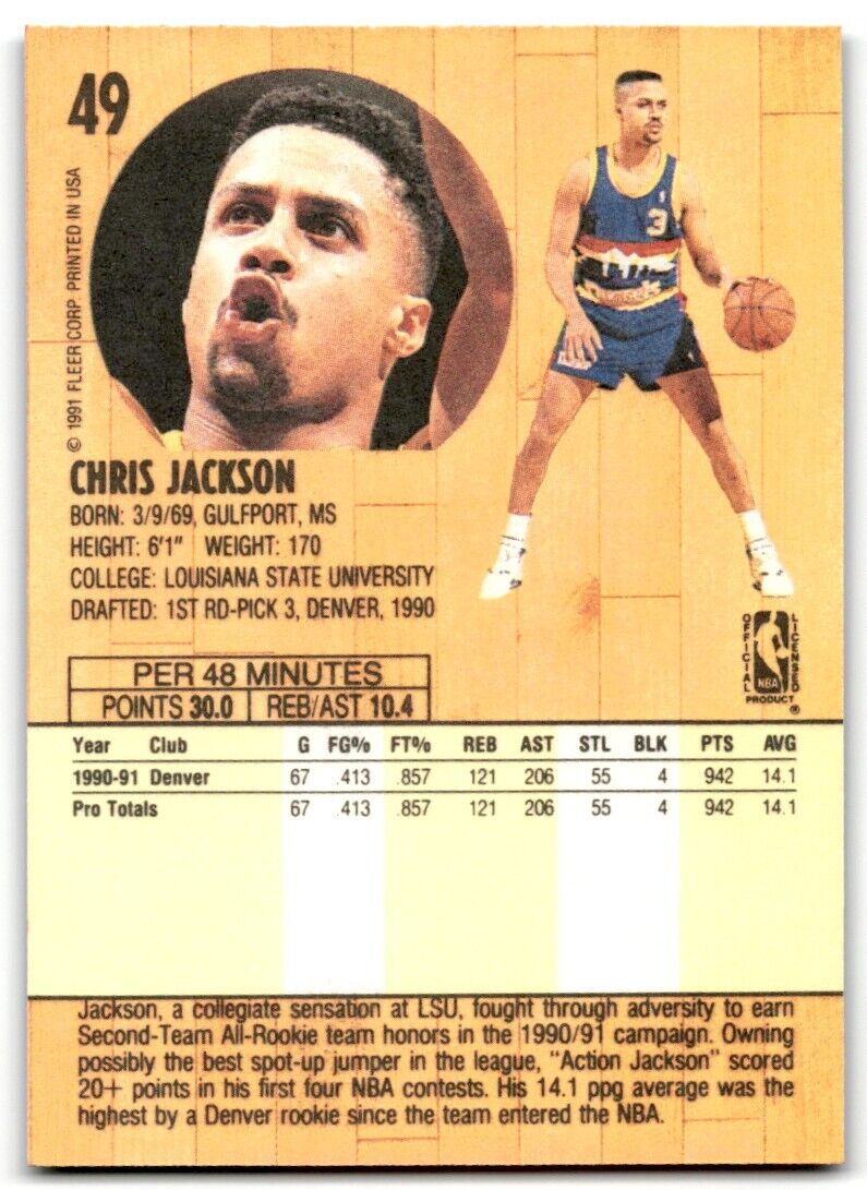 1991-92 Fleer Chris Jackson Denver Nuggets #49