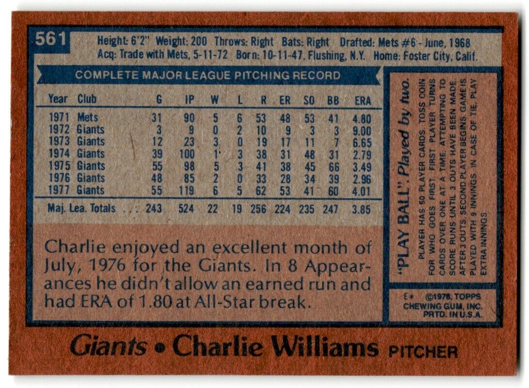 1978 Topps Charlie Williams San Francisco Giants #561