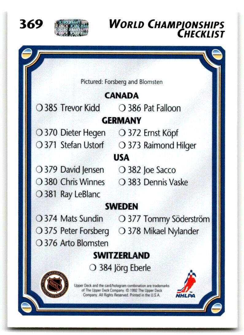 1992-93 Upper Deck World Championships Checklist Sweden #369