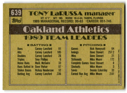 1990 Topps Tony LaRussa Oakland Athletics #639