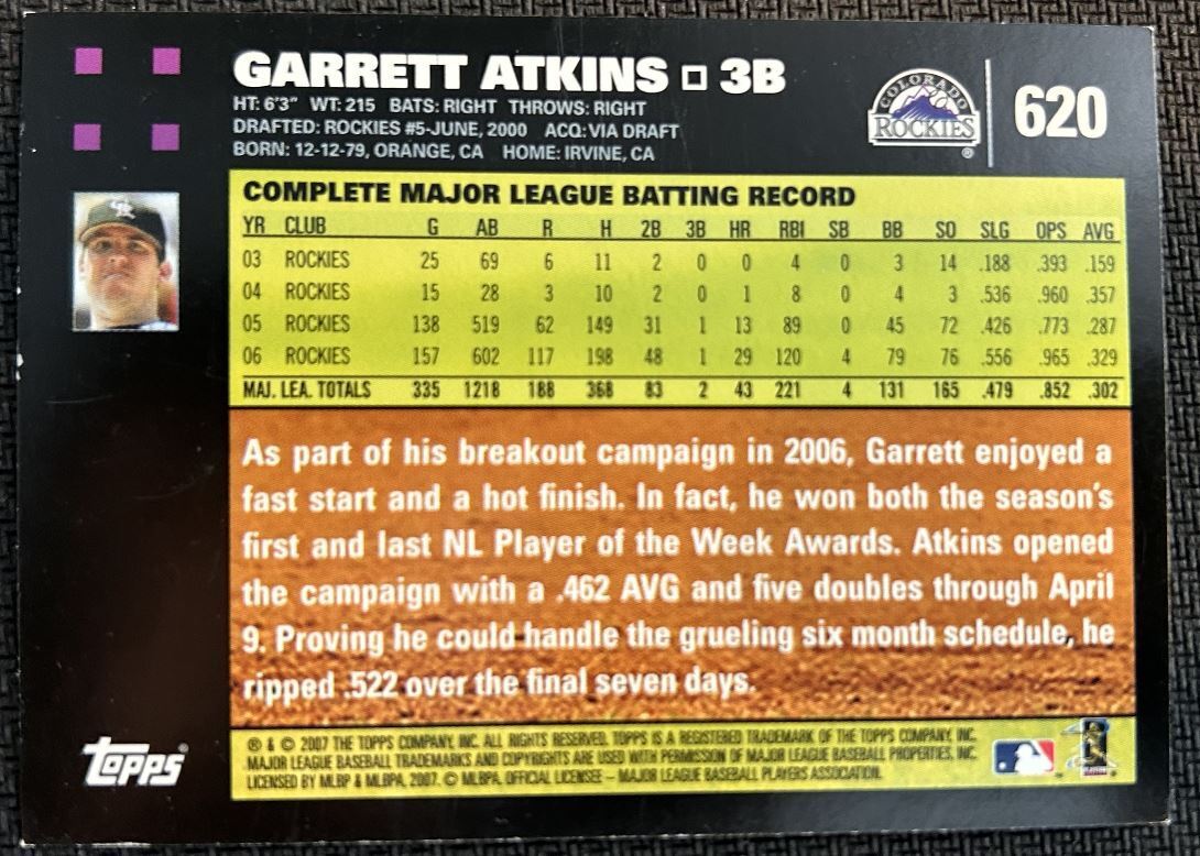 2007 Topps Garrett Atkins Colorado Rockies #620