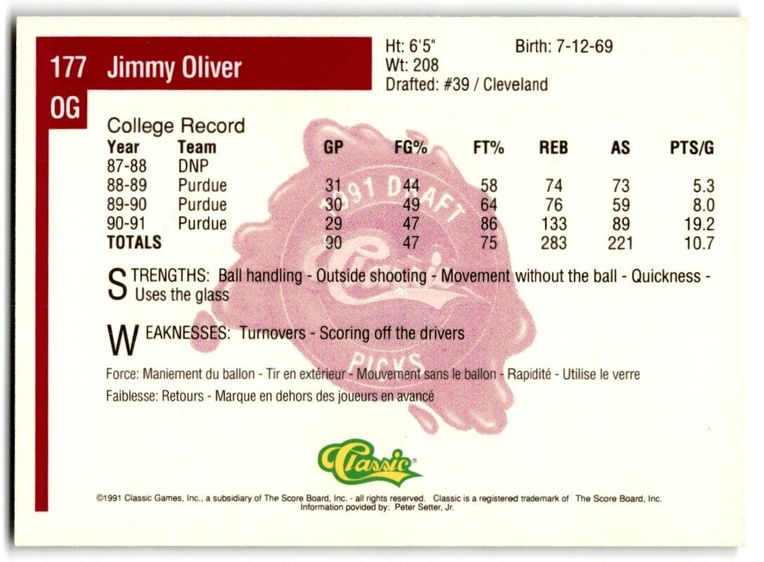 1991-92 Classic Jimmy Oliver Rookie Purdue Boilermakers #177