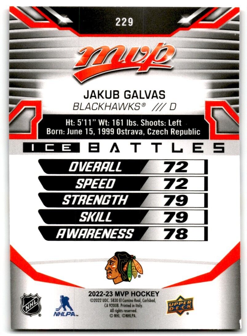 2022-23 Upper Deck MVP Ice Battles Jakub Galvas Rookie Chicago Blackhawks #229