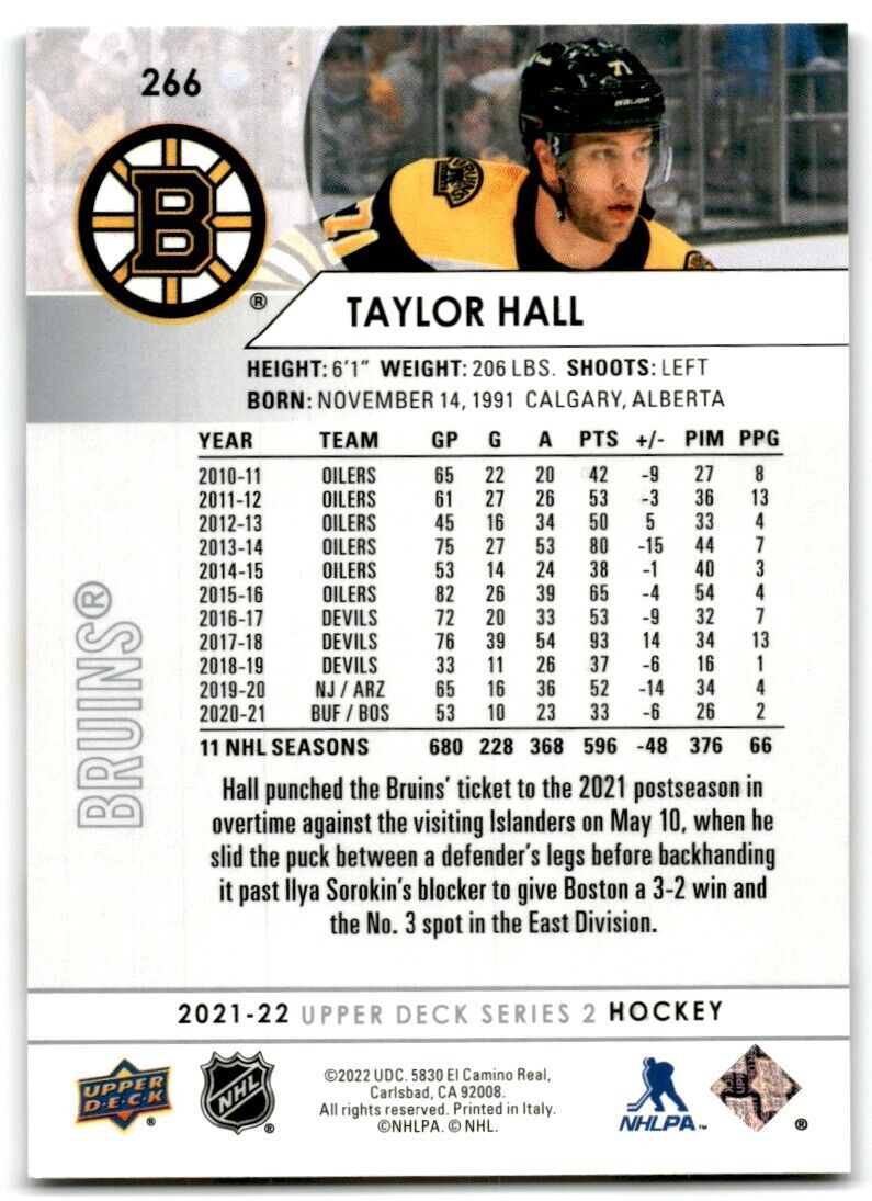 2021-22 Upper Deck Taylor Hall Boston Bruins #266