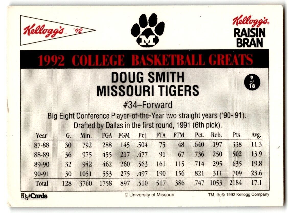 1992-93 Kellogg's Raisin Bran College Basketball Greats Doug Smith Missouri