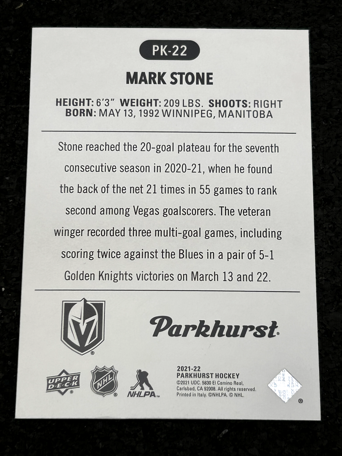 2021-22 Upper Deck Parkhurst Parkies #PK-22 Mark Stone Vegas Golden Knights