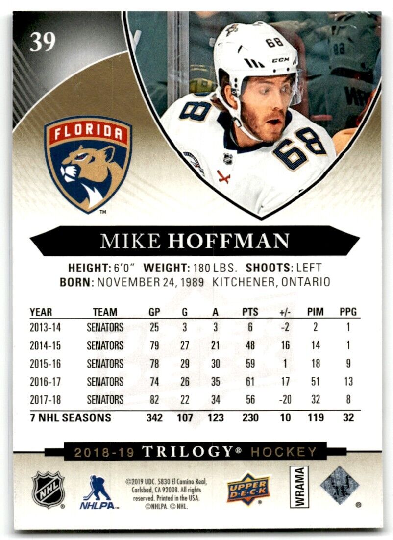 2018-19 Upper Deck Trilogy Mike Hoffman Florida Panthers #39