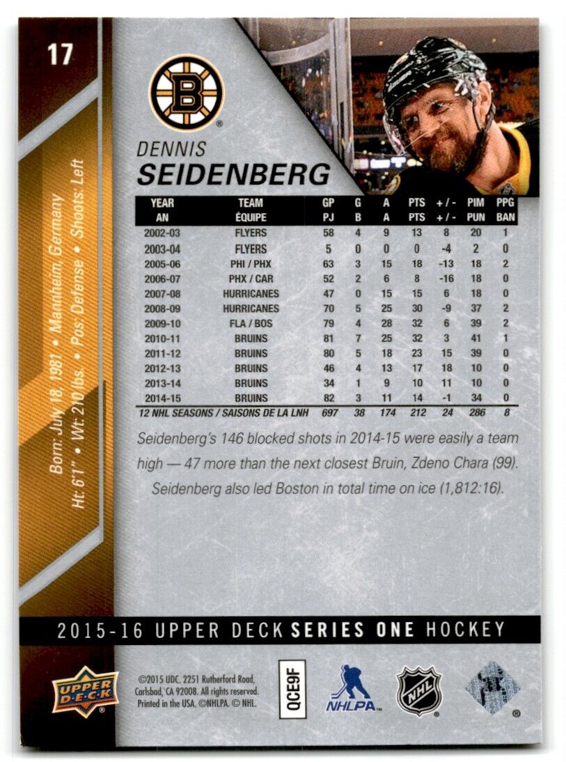 2015-16 Upper Deck Dennis Seidenberg Boston Bruins #17