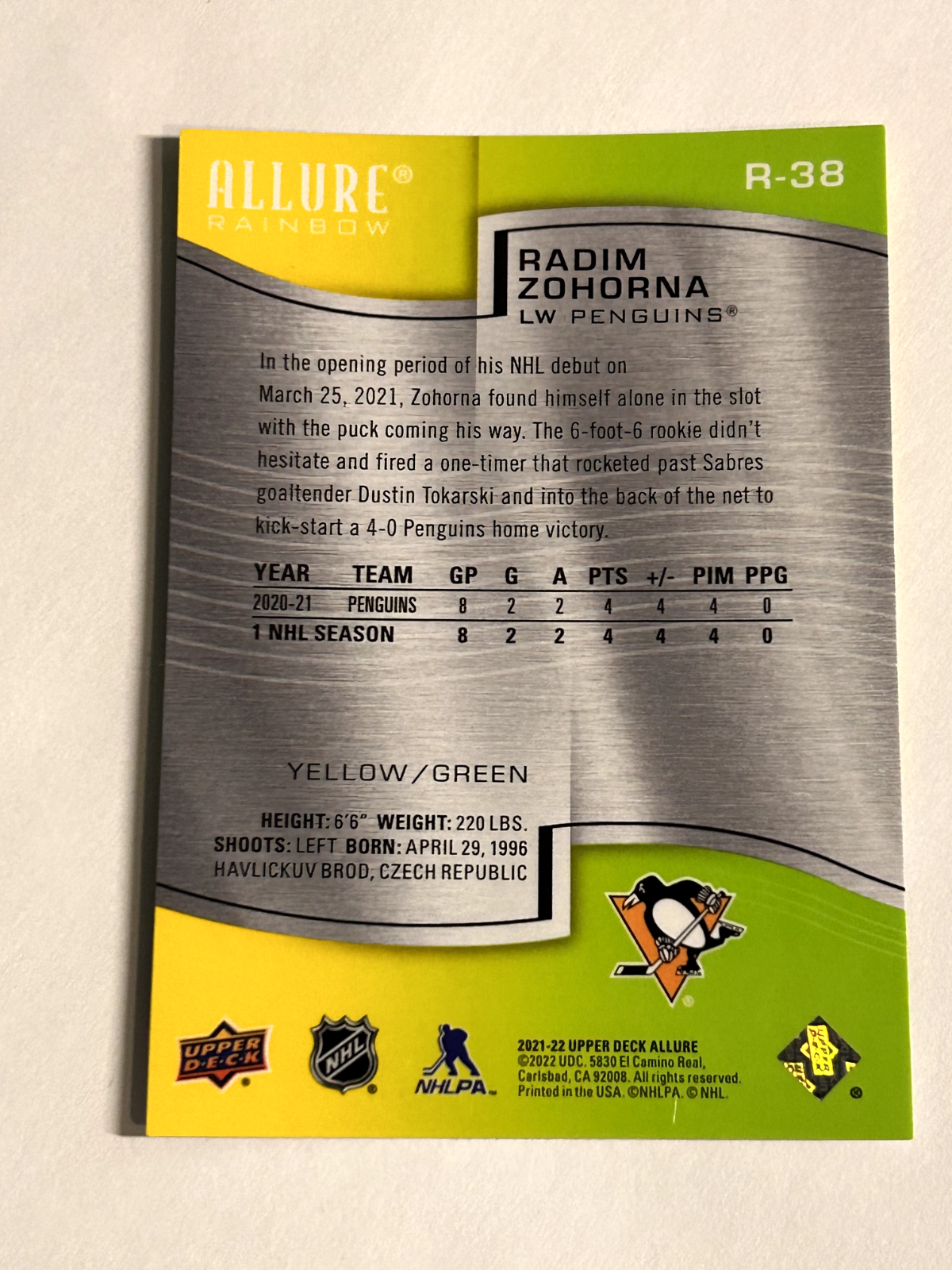 2021-22 Upper Deck Allure Yellow Green - Rookie #R38 Radim Zohorna