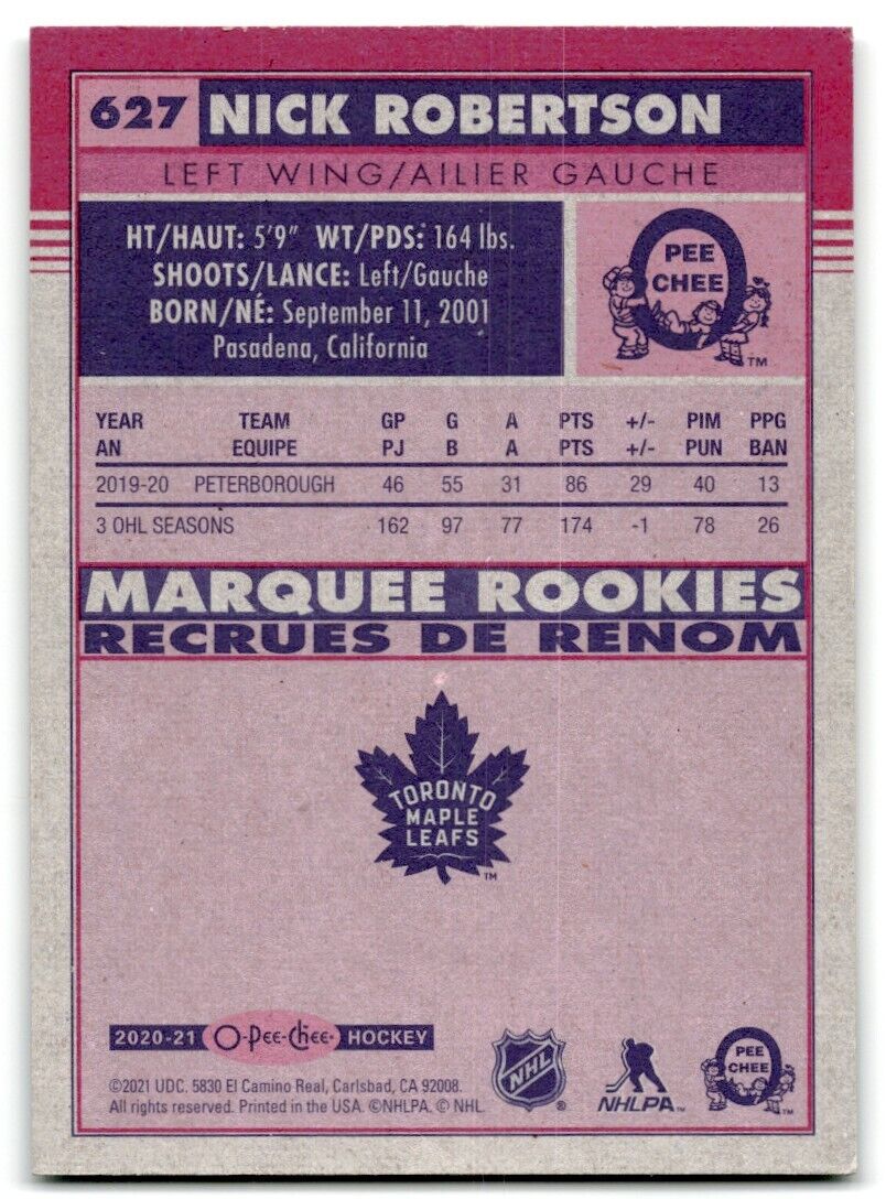 2020-21 O-Pee-Chee Markee Rookies Nick Robertson Rookie Toronto Maple Leafs #627