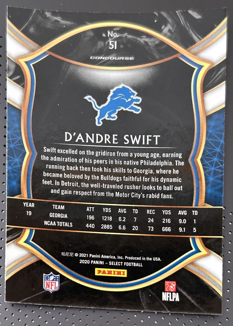 2020 Panini Select Rookie RC D'Andre Swift Rookie Detroit Lions #51