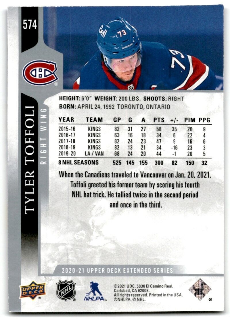 2020-21 Upper Deck Tyler Toffoli Montreal Canadiens #574