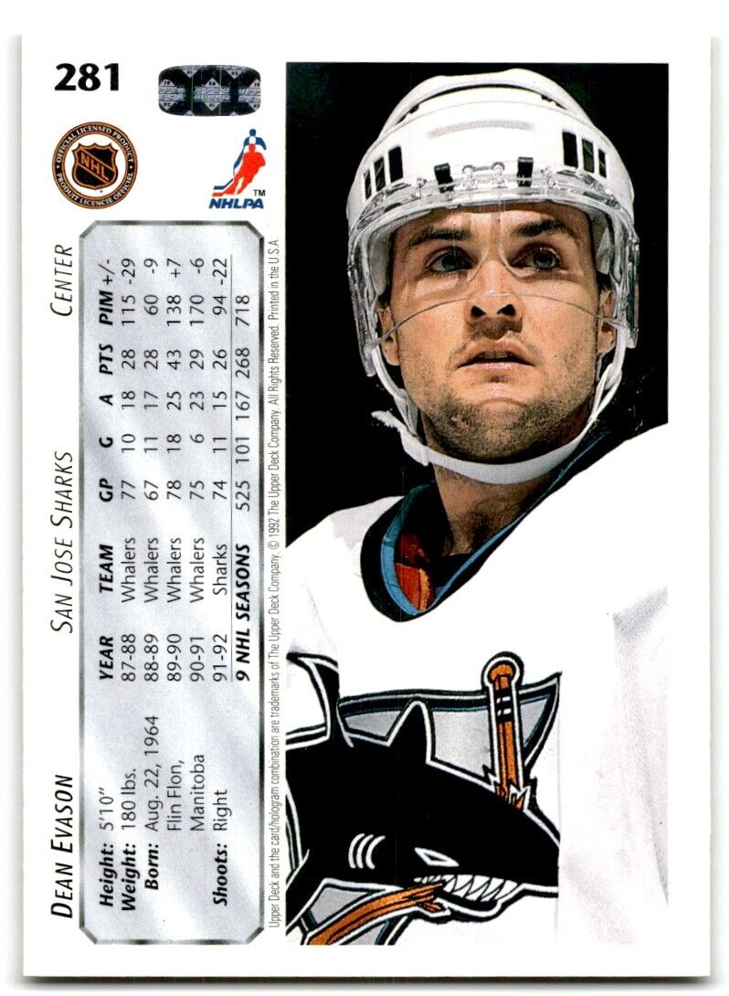 1992-93 Upper Deck Dean Evason San Jose Sharks #281