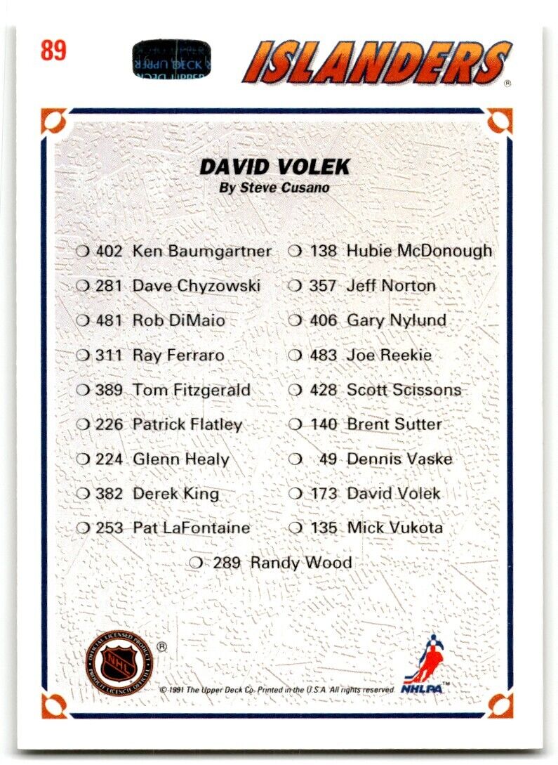 1991-92 Upper Deck Collector's choice David Volek New York Islanders #89