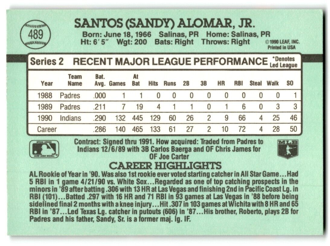 1991 Donruss Sandy Alomar Cleveland Indians #489