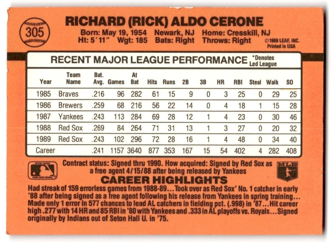 1990 Donruss Rick Cerone Boston Red Sox #305