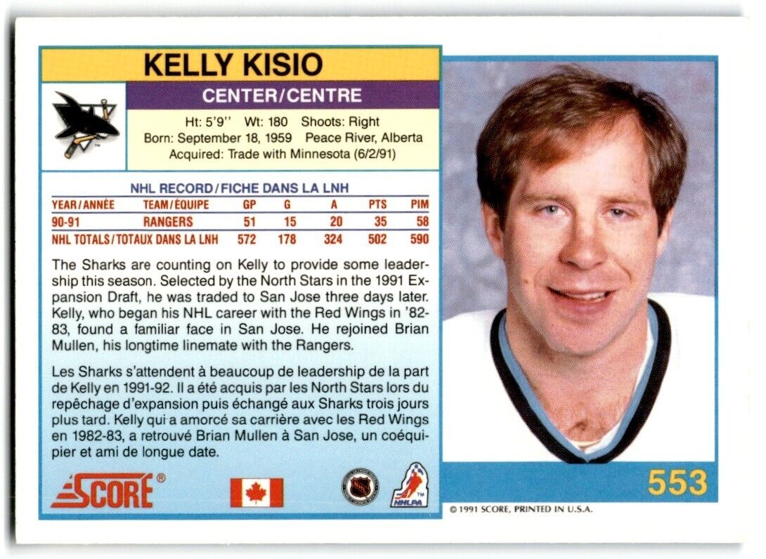 1991-92 Score Canadian Bilingual Kelly Kisio San Jose Sharks #553