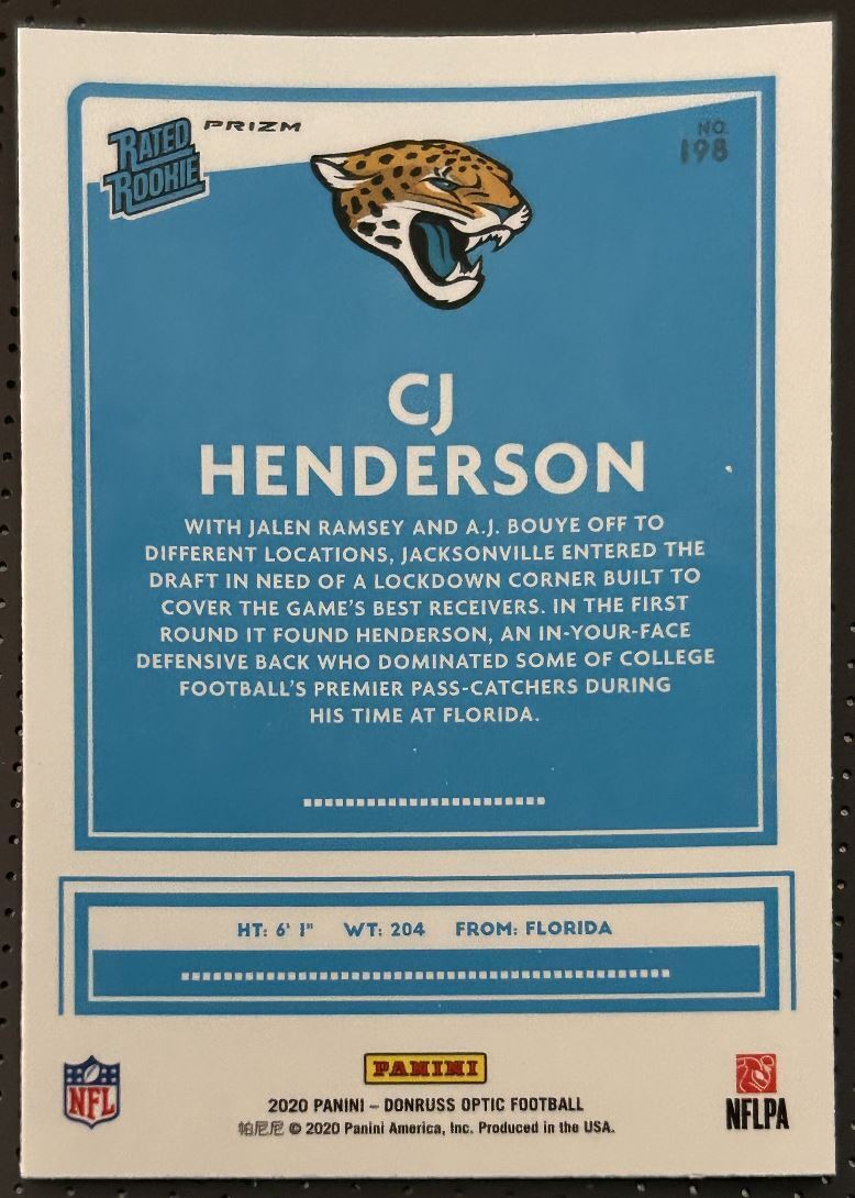 2020 Donruss Optic Bronze CJ Henderson Rookie Jacksonville Jaguars #198 Parallel