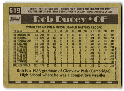 1990 Topps Rob Ducey Toronto Blue Jays #619