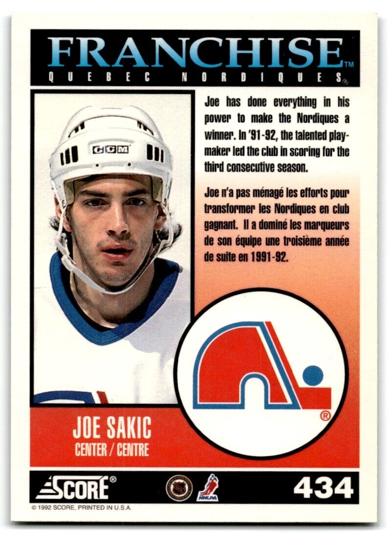 1992-93 Score Joe Sakic Quebec Nordiques #434