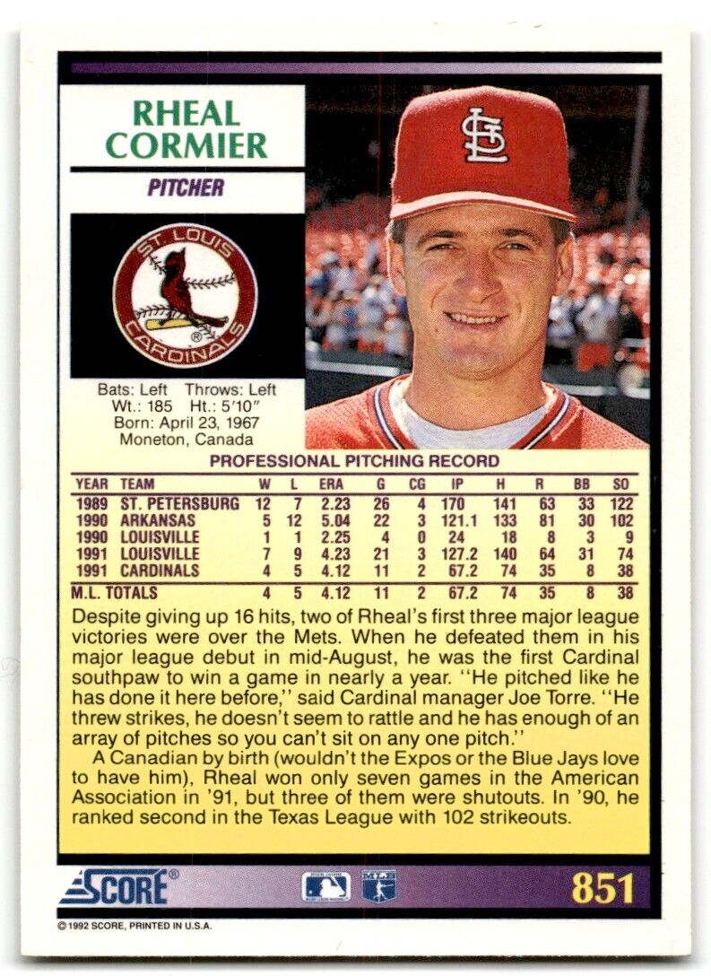 1992 Score Rheal Cormier St. Louis Cardinals #851