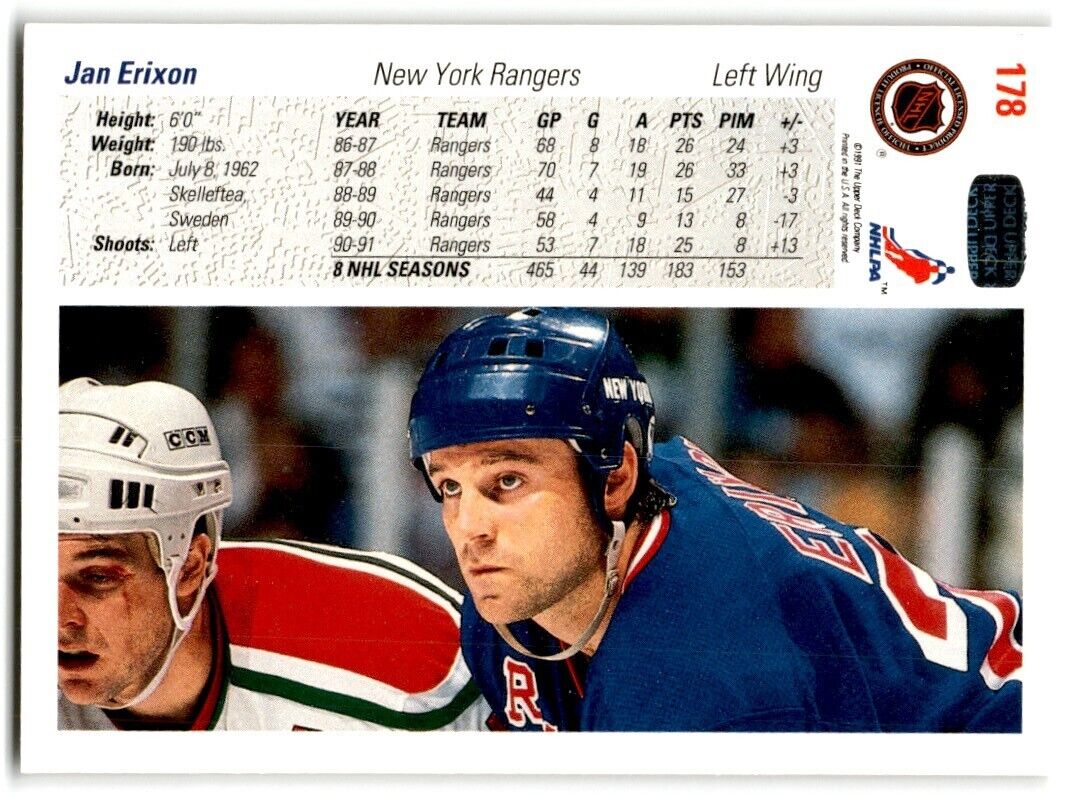 1991-92 Upper Deck Jan Erixon New York Rangers #178