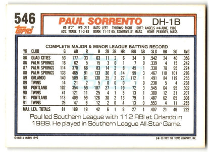 1992 Topps Paul Sorrento Minnesota Twins #546