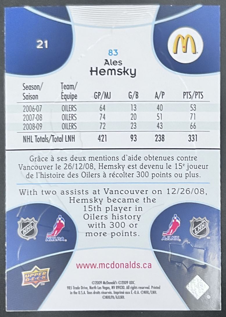 2009-10 Upper Deck McDonald's Ales Hemsky Edmonton Oilers #21