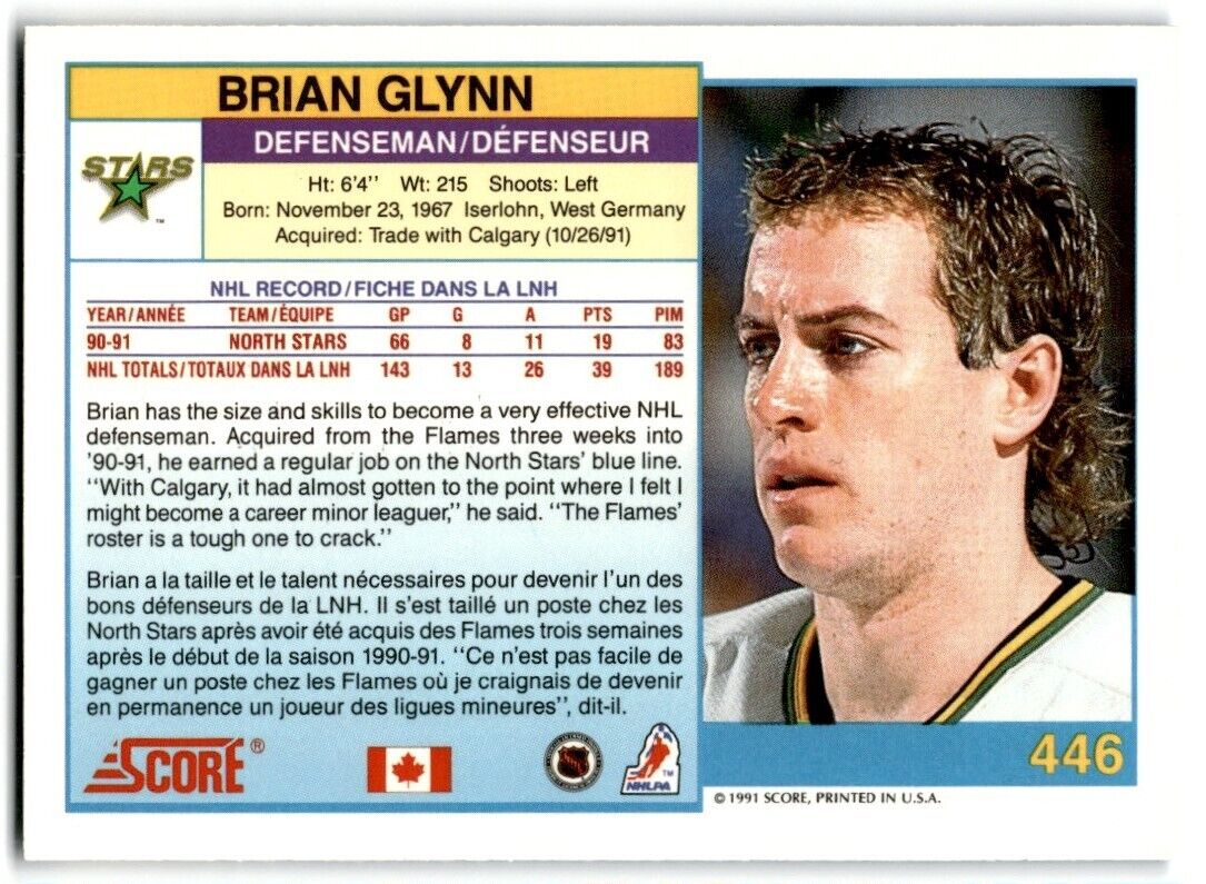 1991-92 Score Canadian Brian Glynn Rookie Minnesota North Stars #446