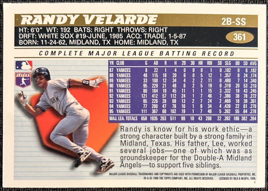 1996 Topps Randy Velarde New York Yankees #361